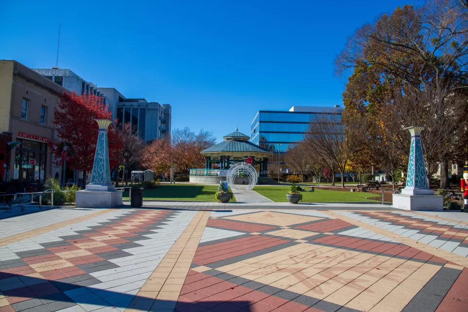 Empty Decatur Square plaza with fall trees in Decatur, Georgia